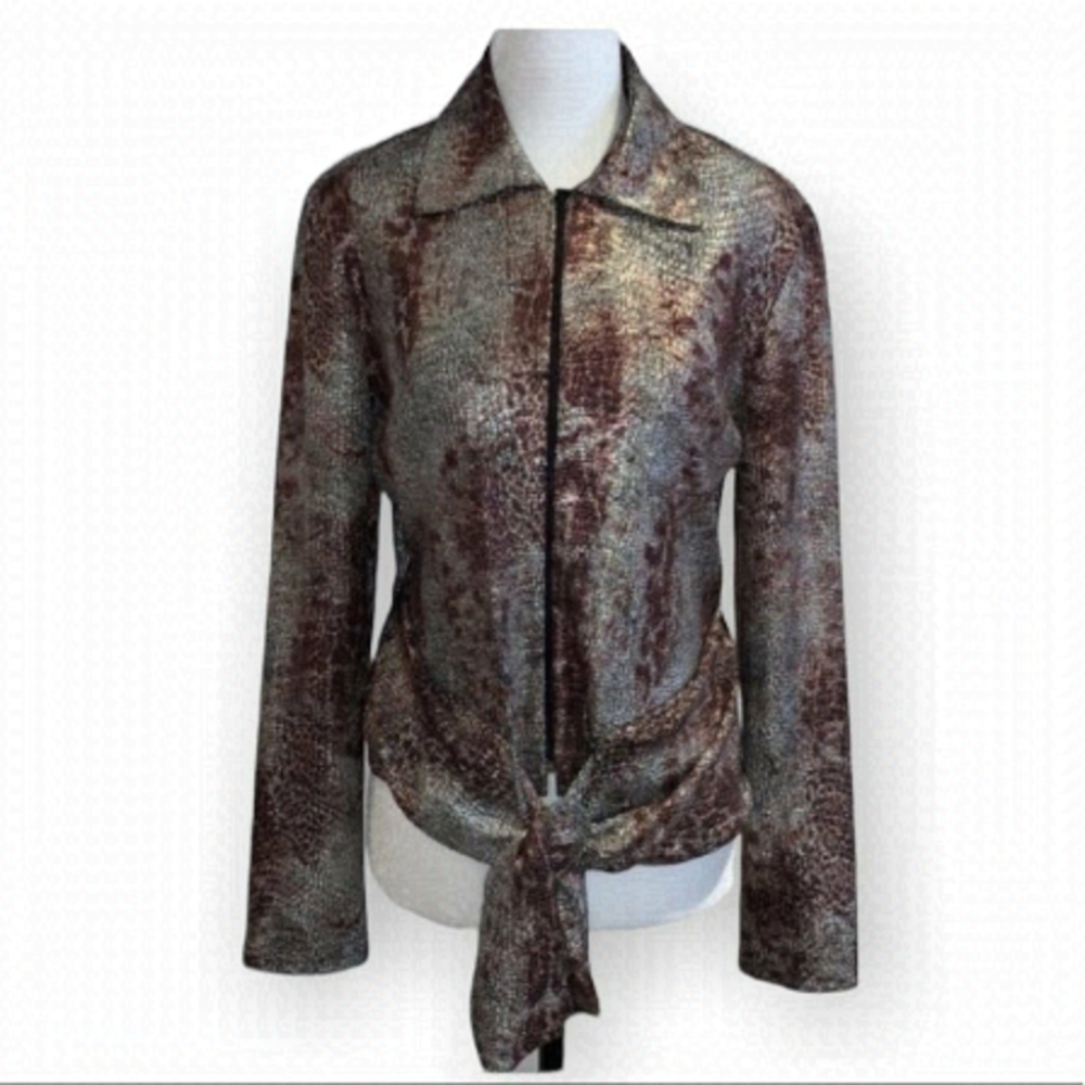 𝅺joseph Ribkoff Purple and Silver Snakeprint Tie Front Metalic Moto Jacket 10